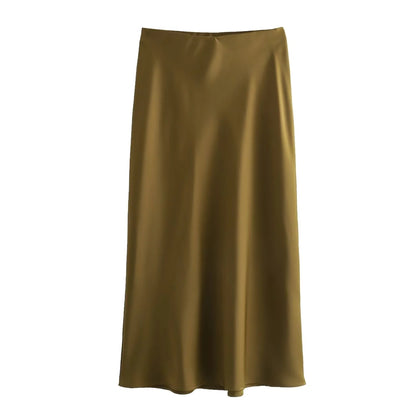 XNWMNZ Women's Fashion 2023 Flowing Satin Midi Skirt Women Vintage Elastic High