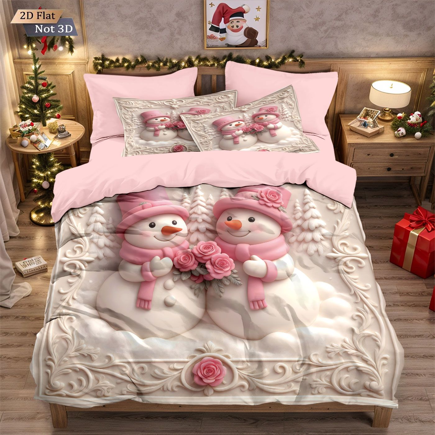 3pcs imitation relief pink Christmas snowman print coreless bedding set, multi size bedroom bedding decoration, machine washable