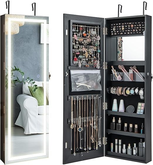 LED Mirror Jewelry Cabinet, 47.2'' Jewelry Armoire with Adjustable Lighted Full Length Mirror, Wall Mounted or Door Hanging, Lo
