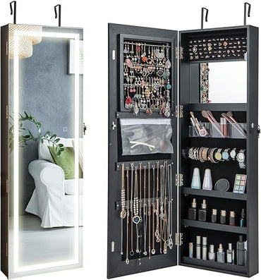 LED Mirror Jewelry Cabinet, 47.2'' Jewelry Armoire with Adjustable Lighted Full Length Mirror, Wall Mounted or Door Hanging, Lo