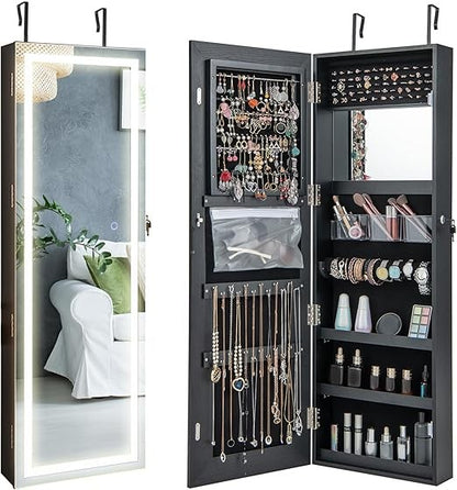 LED Mirror Jewelry Cabinet, 47.2'' Jewelry Armoire with Adjustable Lighted Full Length Mirror, Wall Mounted or Door Hanging, Lo