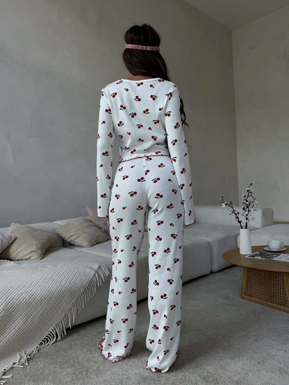 Lace Trim Women Pajama Set Short Sleeve Front Button Top & Full-Length Pants Cherry Print 2 Pieces Sleepwear Nightwear Homewear
