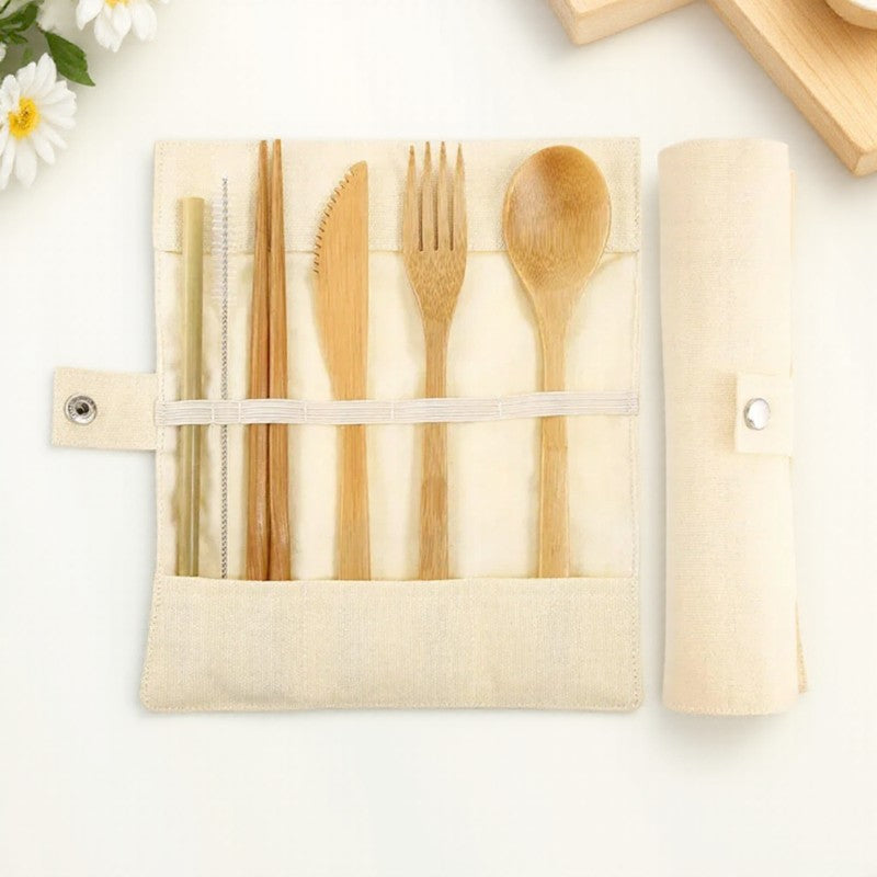 Conjunto Portátil de Talheres Reutilizáveis de Bambu Garfo Faca Colher de Madeira com Estojo de Viagem Utensílios de Cozinha Ecológicos