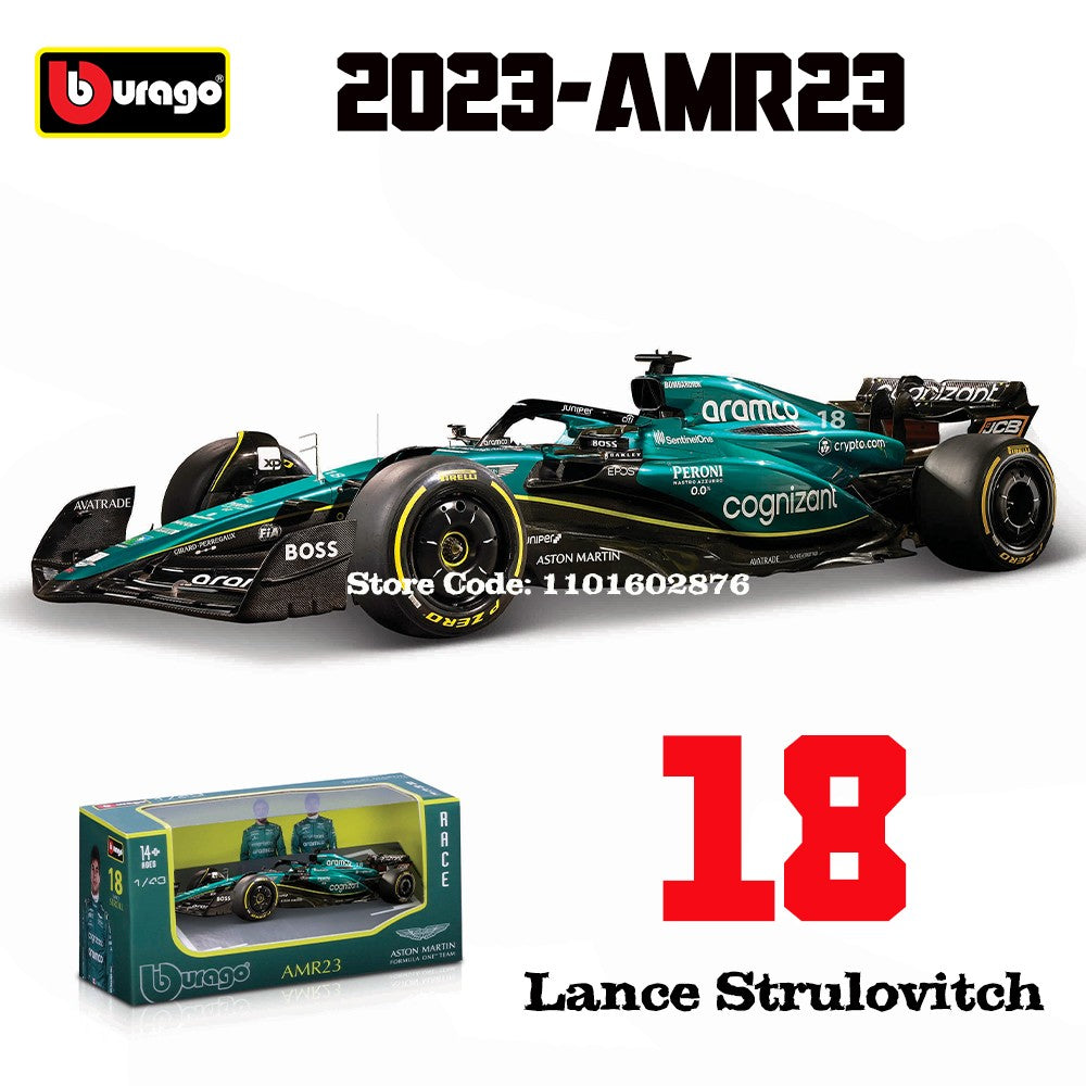 Bburago 1:43 F1 Aston Martin Aramco F1 Team AMR23 2023 #14 Alonso #18 Stroll Carro de Liga Metálica Modelo Fundido Colecionável