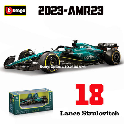 Bburago 1:43 F1 Aston Martin Aramco F1 Team AMR23 2023 #14 Alonso #18 Stroll Carro de Liga Metálica Modelo Fundido Colecionável