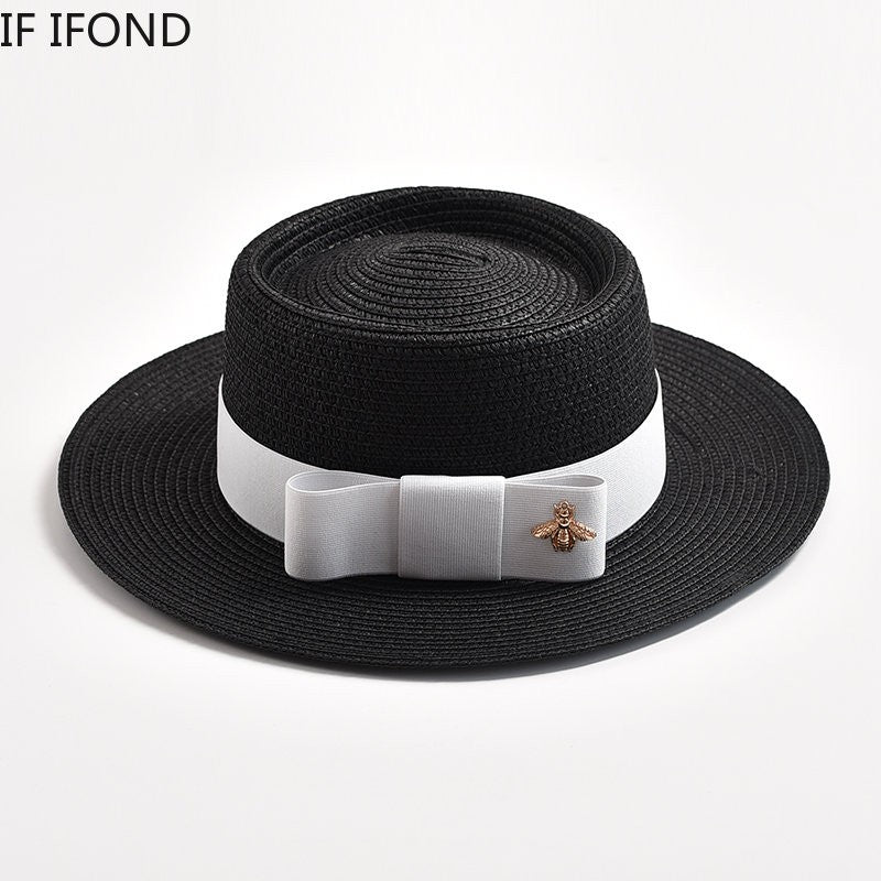 Novos Chapéus de Palha Primavera Verão Femininos de Superfície Ondulada, Topo Reto, Laço, Boné de Vestido, Chapéu de Sol para Viagem e Praia, Gorra