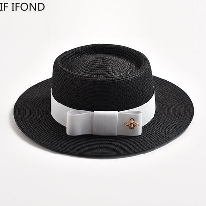 Novos Chapéus de Palha Primavera Verão Femininos de Superfície Ondulada, Topo Reto, Laço, Boné de Vestido, Chapéu de Sol para Viagem e Praia, Gorra