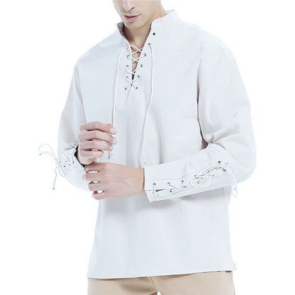 Cotton Linen Shirts for Men Medieval Costume Beach Tops Shirt Pull on Male Loose Casual Streetwear Cosplay Long Sleeve