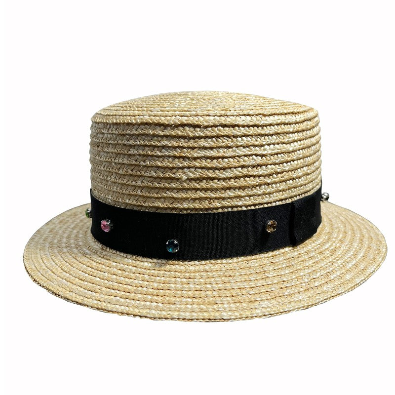 REHOOS Natural Wheat Straw Boater Fedora Top Flat Hat Women Summer Beach Flat Brim Cap Bowknot Ribbon For Holiday Party