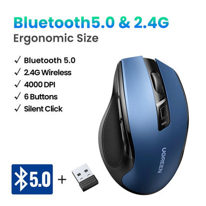 Mouse sem fio UGREEN Bluetooth 5.0 Mouse ergonômico 4000DPI 6 botões silenciosos Mouse para MacBook Tablet Laptops Computador PC 2.4G