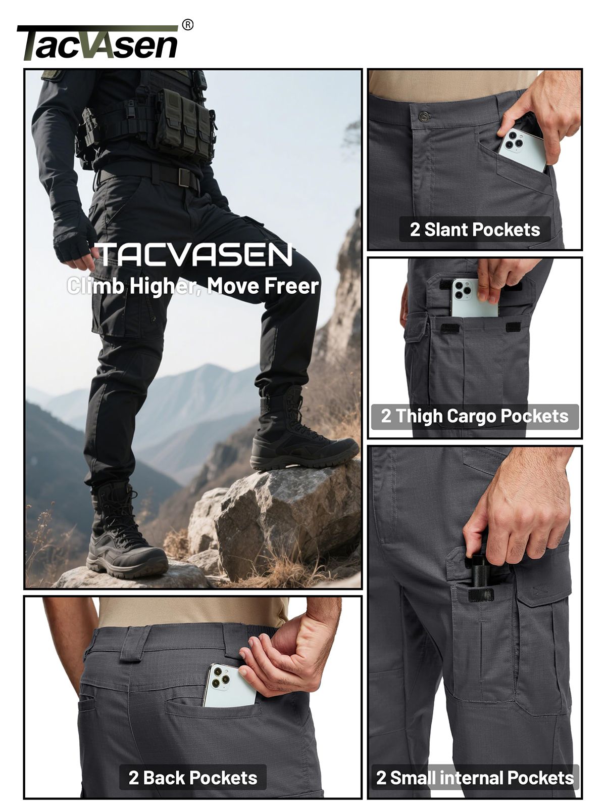 TACVASEN Mens Lightweight Hiking Pants Waterproof Ripstop Lightweight Breathable Stretch Work Tactical Outdoor Trousers 8 Pocket