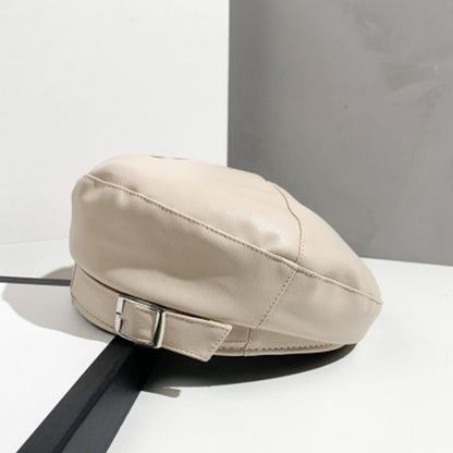 Fashion Girl Leather Beret Beanie Hat Cap Women Plain Beret Hats Solid Color Elegant Lady Artist Caps Belt Beanies
