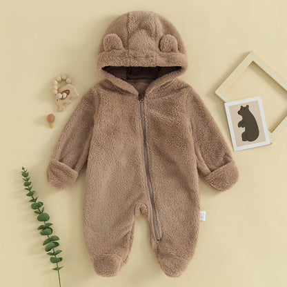 0-12M Baby Plush Warm Jumpsuits Boys Girls Long Sleeve Hooded Zipper Romper Newborn Infant Fall Winter Clothes