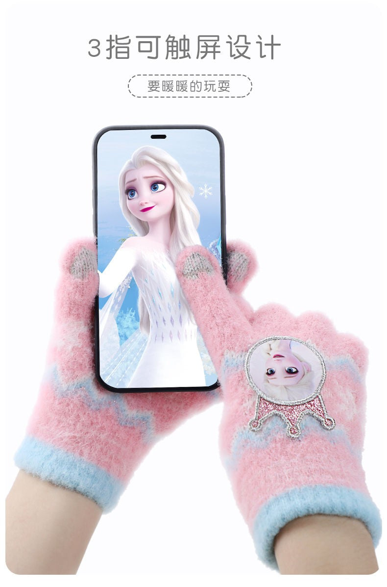 Disney Frozen Elsa desenho animado fofo e feminino coração outono e inverno luvas infantis grossas e quentes à prova de frio com dedos inteiros para atividades ao ar livre