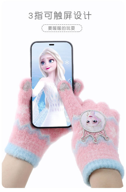 Disney Frozen Elsa desenho animado fofo e feminino coração outono e inverno luvas infantis grossas e quentes à prova de frio com dedos inteiros para atividades ao ar livre