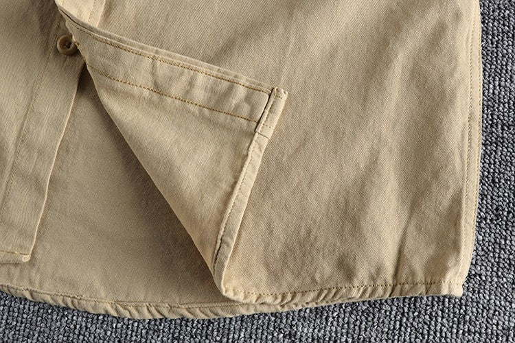 Men's British Simple Solid Color Long Sleeved Shirt Wash Woven Twill Cotton Versatile Ameikeji Fashion Male Cargo Work Shirt