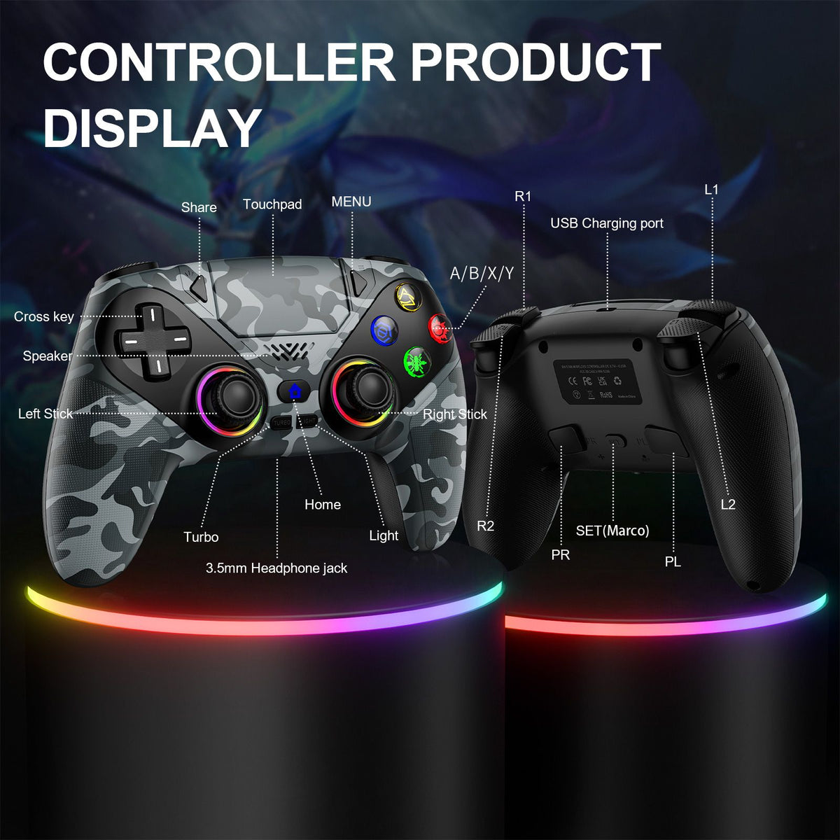 Controller For Playstation5 PS5/PS5 Pro/Slim/PC,RGB Wireless Gamepad Hall Effect Trigger Marco/Turbo Anti-Drift Game Joystick