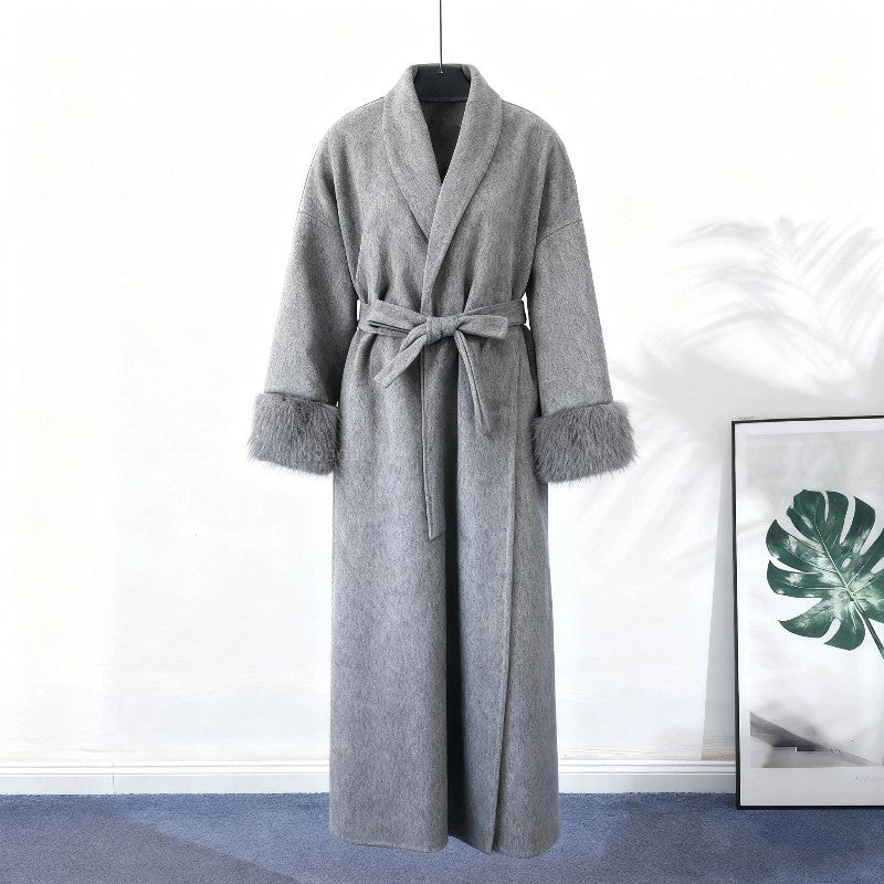 2025 Chic Lapel Plush Coat With Belt Women Vintage Solid Faux Fur Sleeve Tweed Open Coats Female Autumn Casual Street Outwear