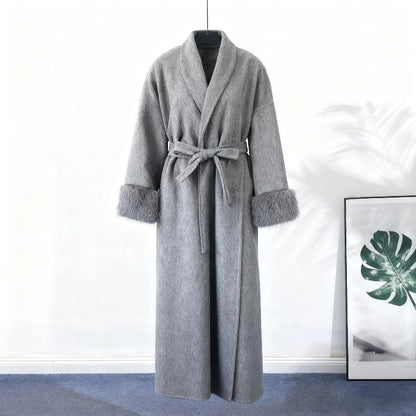 2025 Chic Lapel Plush Coat With Belt Women Vintage Solid Faux Fur Sleeve Tweed Open Coats Female Autumn Casual Street Outwear