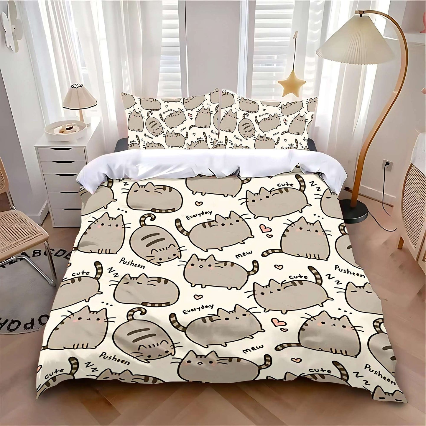 MINISO-Cat Duvet Cover Pillowcase Bedding Set Cartoon P-PusheenS Cat Adult Boy Girl Bedroom Decoration Children