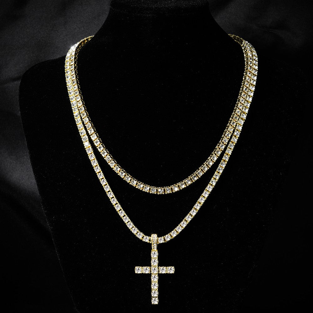 Colar com Pingente de Cruz Iced Out Hip Hop Alça Corrente de Tênis de Zircônia de 4mm Masculino Feminino Colar Brilhante Joia Punk Presente de Moda