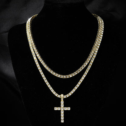 Colar com Pingente de Cruz Iced Out Hip Hop Alça Corrente de Tênis de Zircônia de 4mm Masculino Feminino Colar Brilhante Joia Punk Presente de Moda