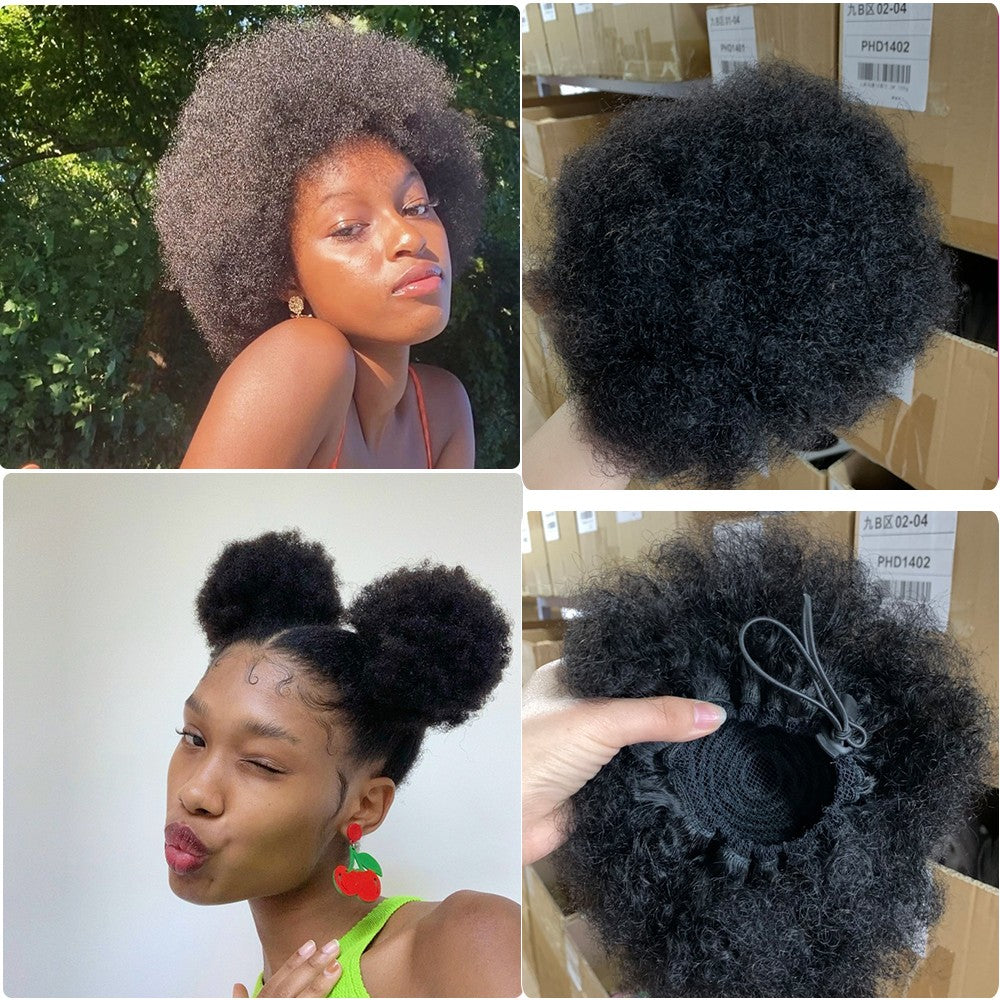 Coques de cabelo afro encaracolado crespo chignon de cabelo humano rabo de cavalo afro encaracolado com cordão rabo de cavalo crespo cabelo humano Remy para mulheres negras