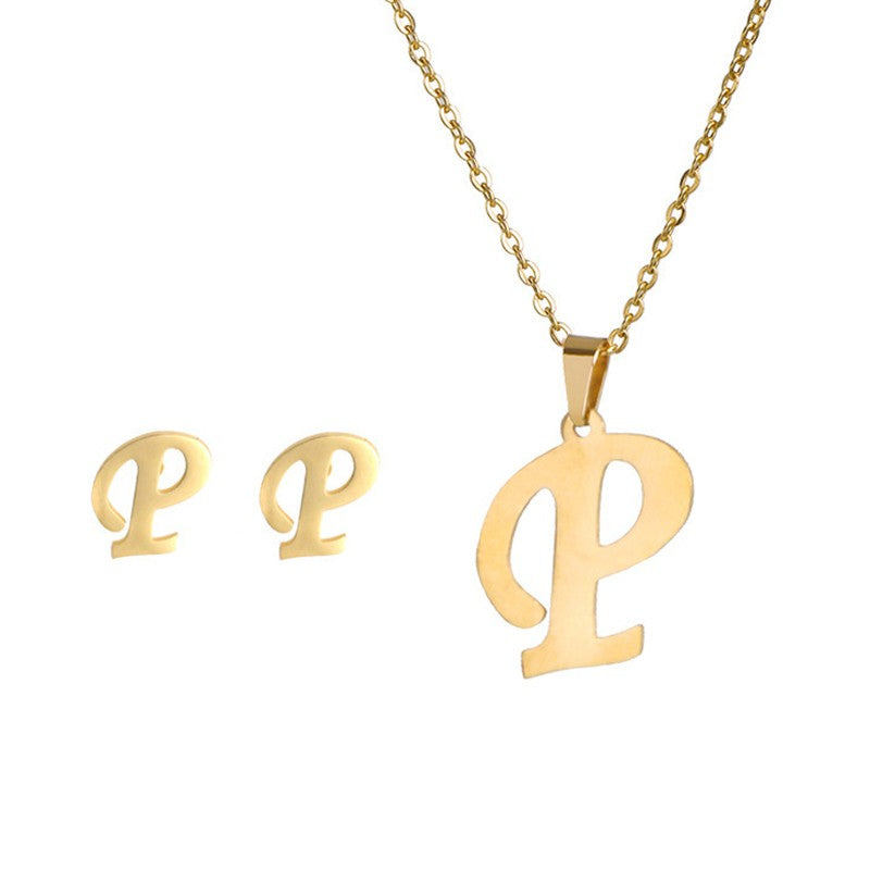 Conjunto Feminino de Colar e Brincos de Aço Inoxidável com Letra Inicial do Alfabeto A-Z - Joias Personalizadas de 26 Letras Inglesas - Presente