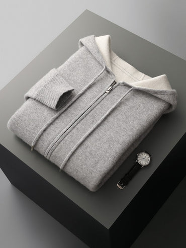 ADDONEE Men's 100% Wool Hoodie Cardigan Straights Leg Pants Set Autumn Winter Thick Cashmere Knitwear Sweater Trousers Suit