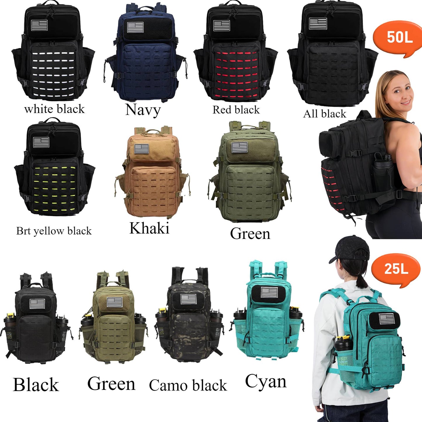 Mochila Tática 25L/50L Caça MOLLE Bolsa GYM Para Homens EDC Caminhada Ao Ar Livre Com 2 Porta-Garrafas