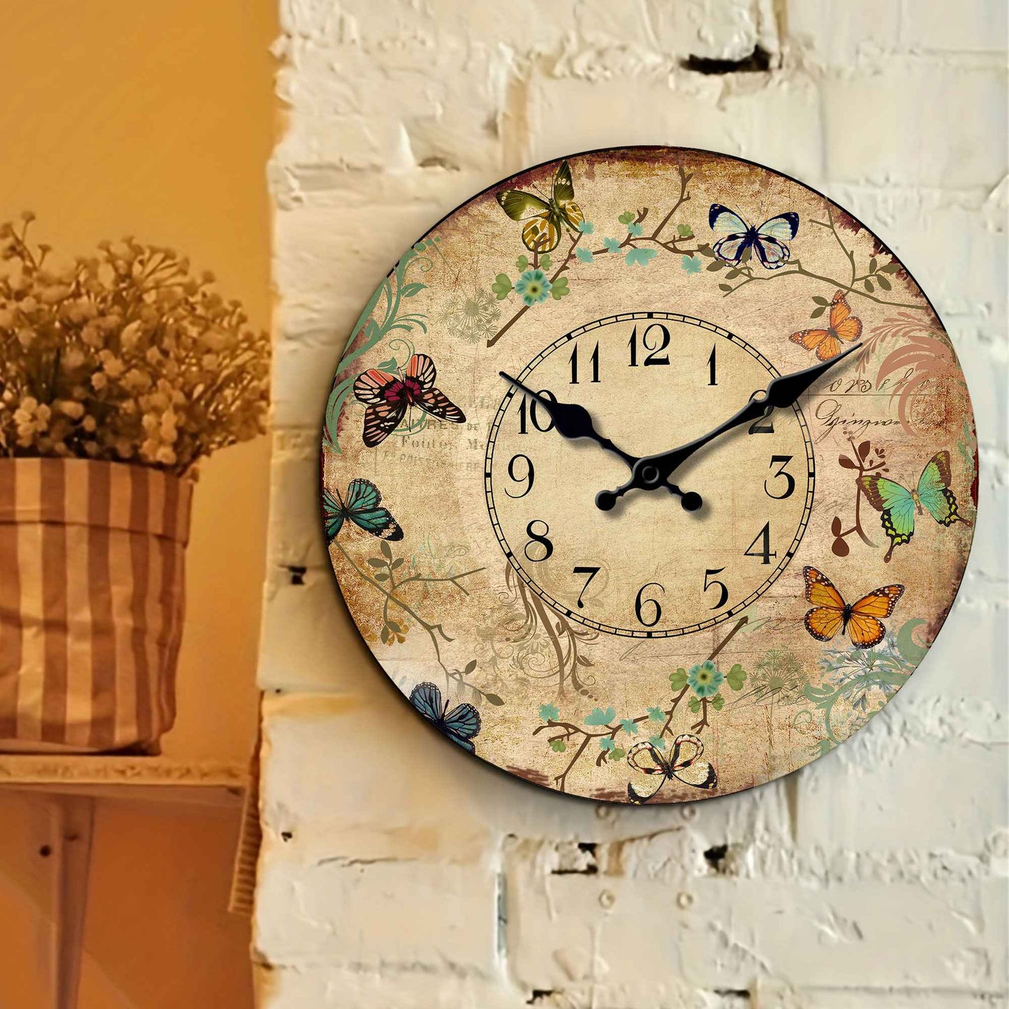 1pc 10-16inch wooden wall clock, retro flower and colorful butterfly design wall clock, silent clock, suitable for living room b