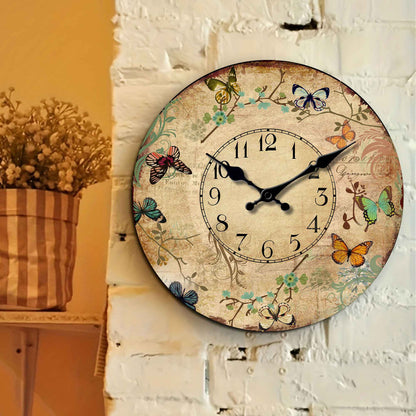 1pc 10-16inch wooden wall clock, retro flower and colorful butterfly design wall clock, silent clock, suitable for living room b
