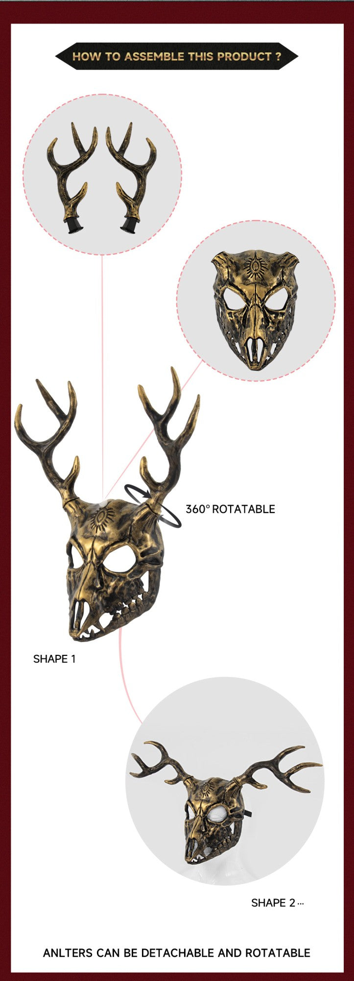 Demon Wendigo Elk Mask Cosplay Gothic Headpiece Animal Antlers Horn Bone Masks Halloween Carnival Purim Party Costume Props