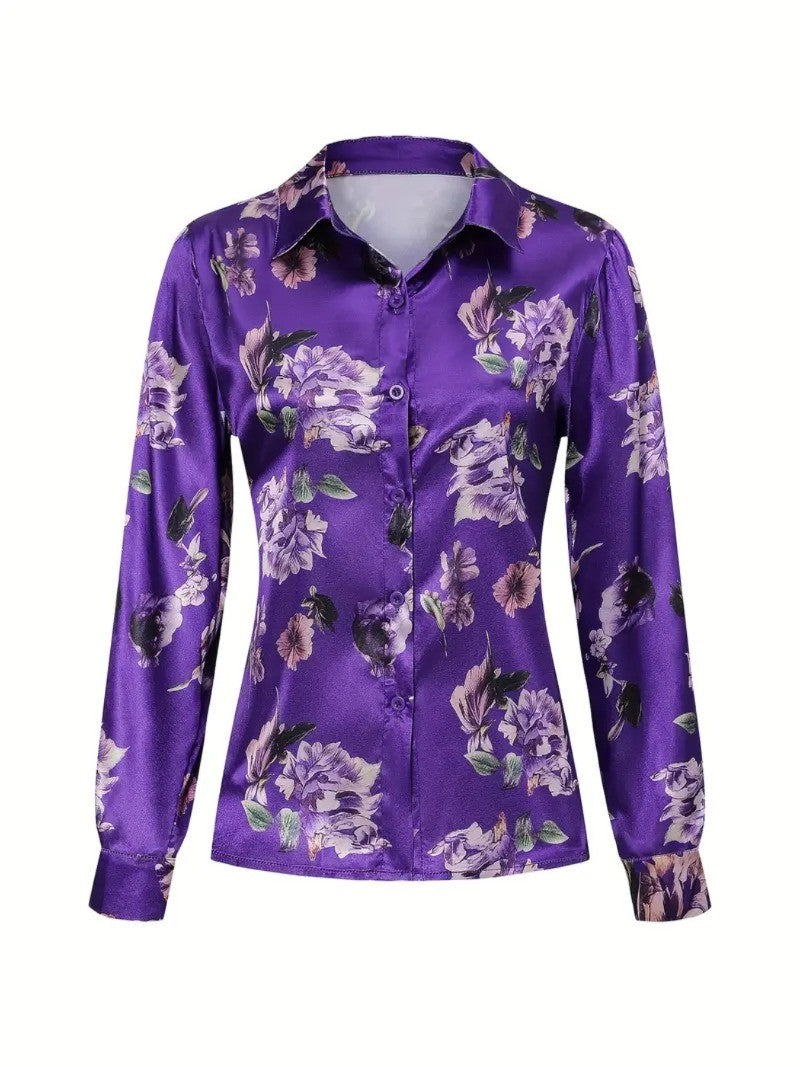 Elegant Intellectual Women's Satin Floral Print Shirt | Soft & Smooth V-Neck Long-Sleeve Button Formal Top for Spring