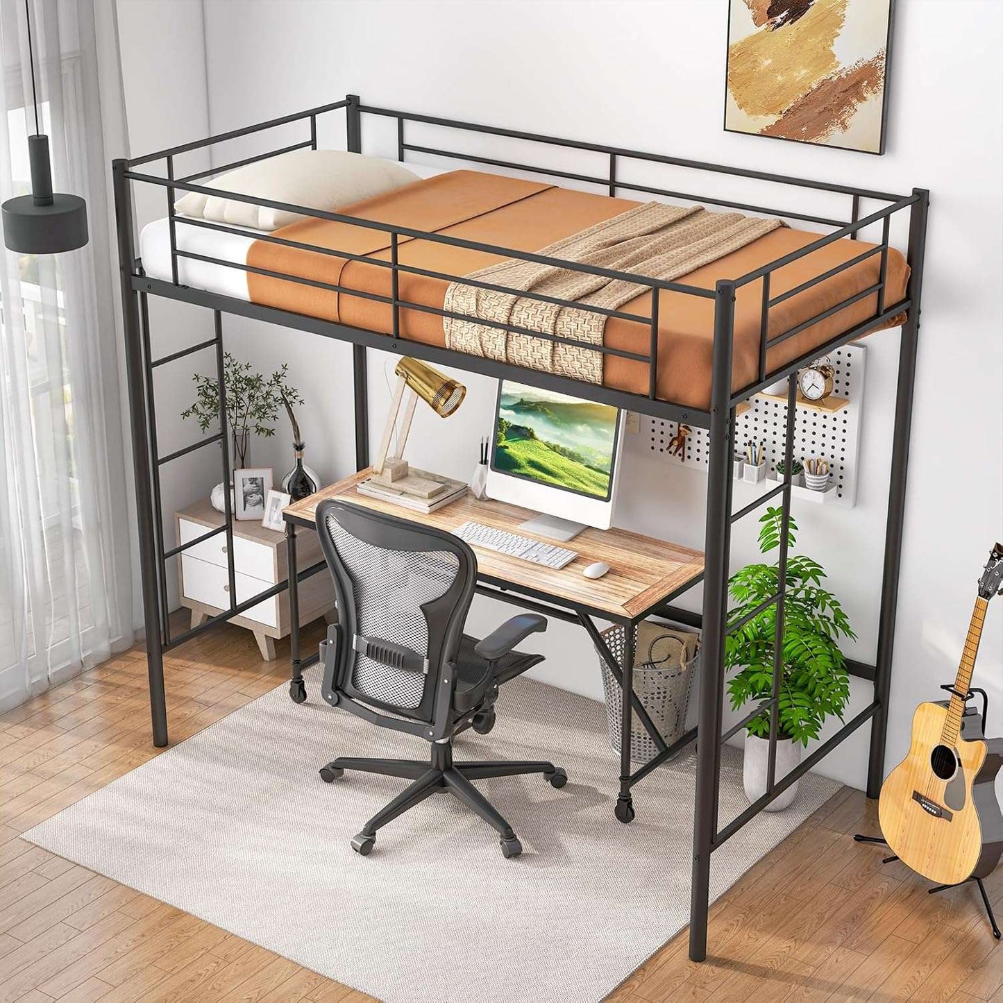 Estrutura de Cama Loft de Solteiro de Metal com Duas Escadas e Guarda-Corpo de Segurança, Não Precisa de Box, Economia de Espaço para Adolescentes
