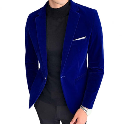 Spring Velvet Men Solid Color Temperament Suit Jacket Turndown Collar Long Sleeve Slim Fit Single Button Velvet Suit Coat