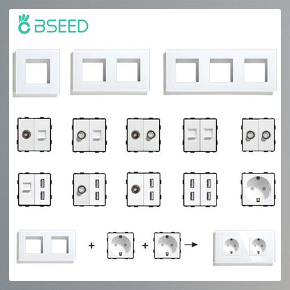 BSEED EU Standard Wall Socket with USB RJ45 TV Satellite Plug Glass Panel DIY Free Combination Function Part for Home Automation
