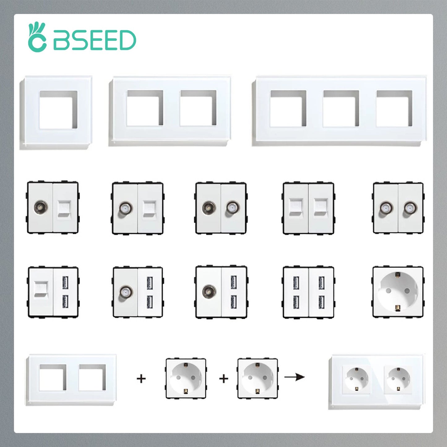 BSEED EU Standard Wall Socket with USB RJ45 TV Satellite Plug Glass Panel DIY Free Combination Function Part for Home Automation