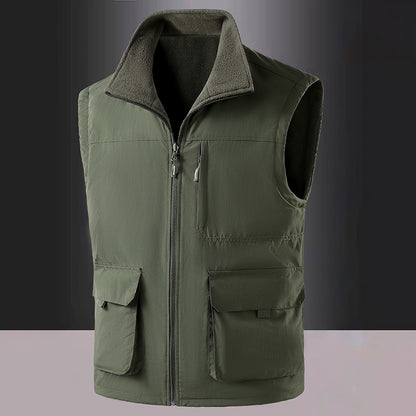 Colete de Pesca Masculino de Veludo Outono e Primavera Novo, Casaco de Veludo para Homem, Colete de Trabalho Solto e Moderno com Vários Bolsos para Homens de Meia-Idade