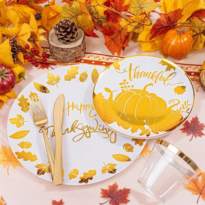 176Pcs Thanksgiving Plastic Plates Heavy Duty Thanksgiving Plates Thanksgiving Disposable Dinnerware Set include 50 Plates75 Si