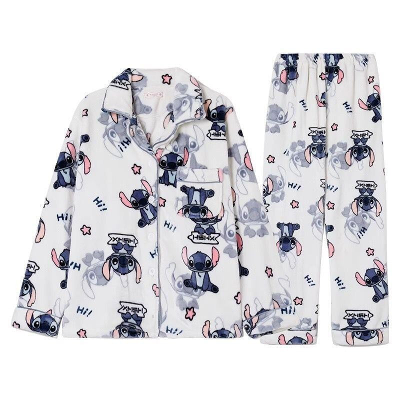 Conjunto de Pijama de Pelúcia para Casal 2 Peças Lindo Disney Stitch Anime Homem Mulher Roupa de Casa Calça de Manga Comprida Inverno Desenho Animado Roupa de Dormir Grossa