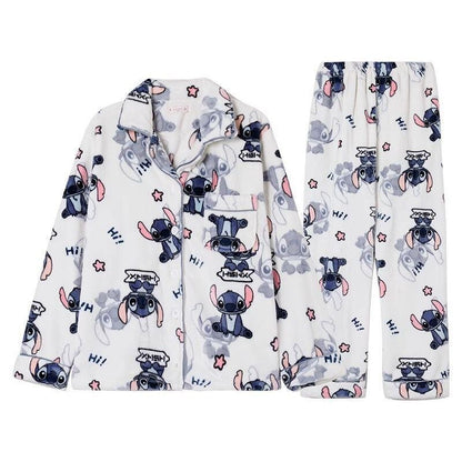 Conjunto de Pijama de Pelúcia para Casal 2 Peças Lindo Disney Stitch Anime Homem Mulher Roupa de Casa Calça de Manga Comprida Inverno Desenho Animado Roupa de Dormir Grossa