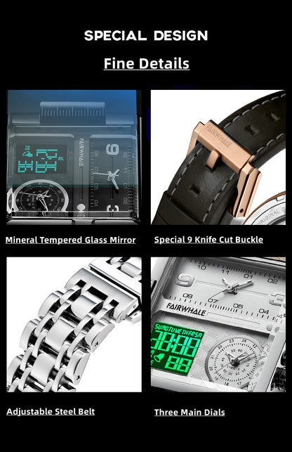 Mark Fairwhale Luxury Quartz Watches Men Fashion Brown Leather Strap Clock Military Waterproof Square Electronic WristWatch 2023