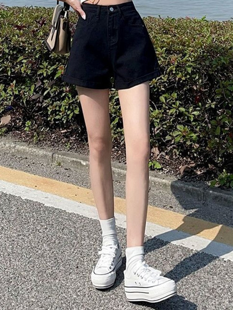 Summer 2024 New Women Rolled Edge Hot Denim Shorts Lady Korean Mini Pants Girls Elastic Blue Black Black Gray A Line Short Jeans
