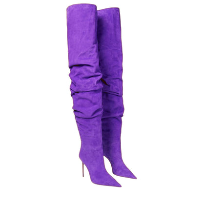 Women's New Pointed Pleated High-heeled Knee High Boots, Autumn and Winter Suede Thigh Boots, Women's Plus Size Stacking Boots