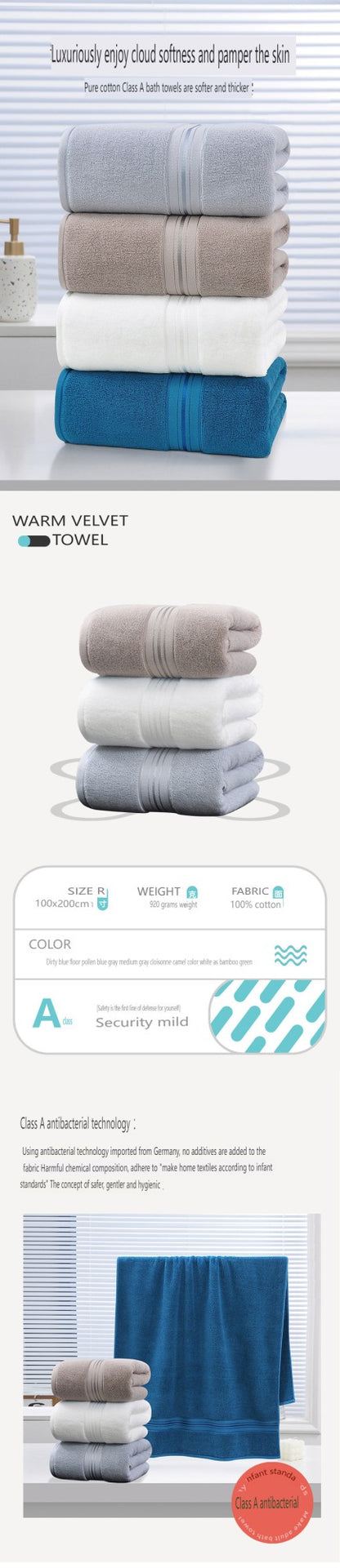 100x200cm Cotton Large Size Bath Towel for Adults High absorbent Shower Towels Home Bathroom Hotel Spa and beauty salon towels