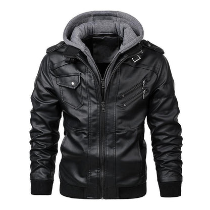 Male PU Hooded Collar Zipper Autumn Casual Slim Windbreaker Chaquetas Motorcycle Leather Jacket Men Winter Fleece Tactics Coat