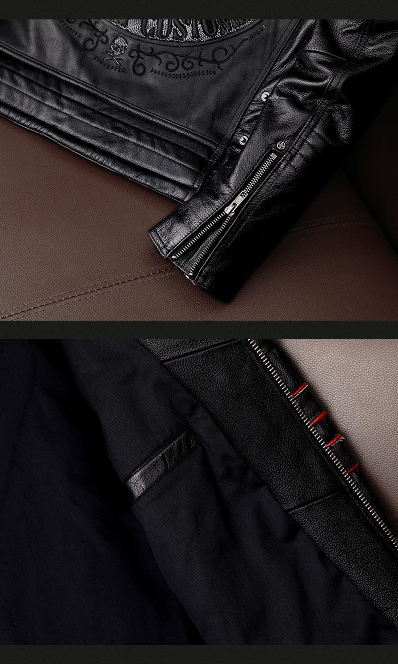 Men's Spring Original Leather Motorcycle Jacket 2025 Skull Embroidery Top Layer Cowhide Clothing Slim Fit Black Slim Male Coat