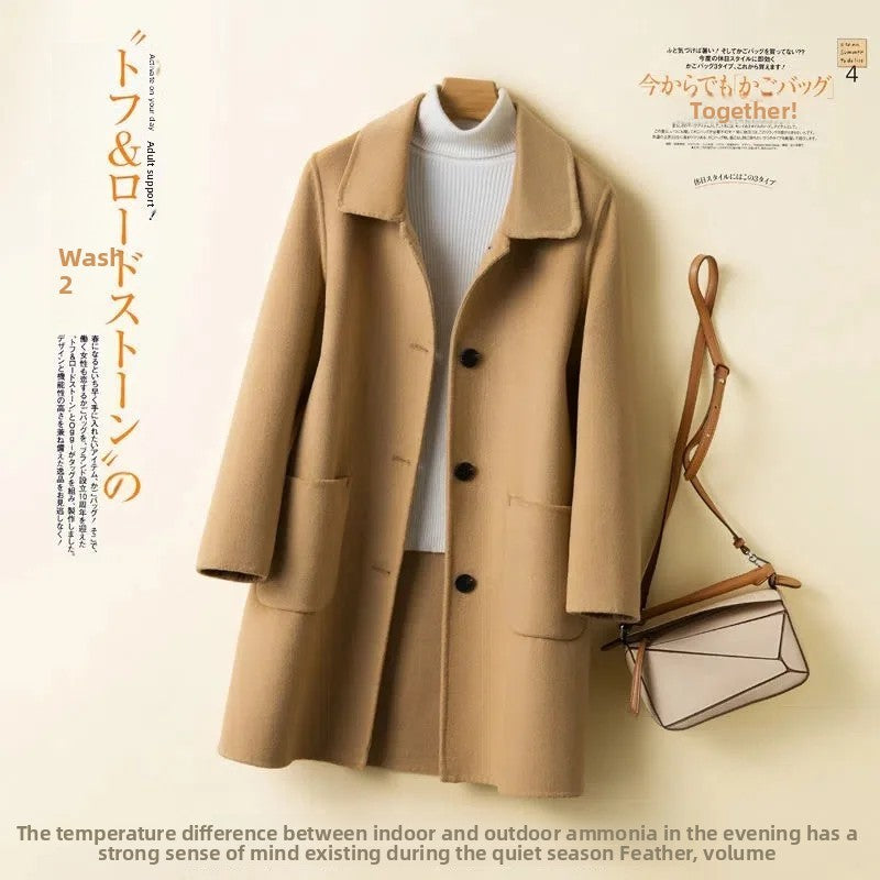 High-End Korean Style Double-Faced Cashmere Woolen Coat for Women Mid-Length Thickened Polyester Fiber Winter Outerwear