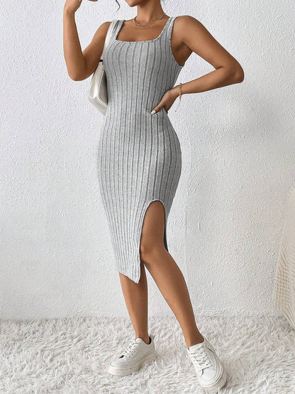 Women Summer Style Knitted Suspender Dress Lady Sleeveless Square Collar Side Sl